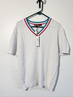 White V-Neck Knit Top with Red & Teal Stripe Trim